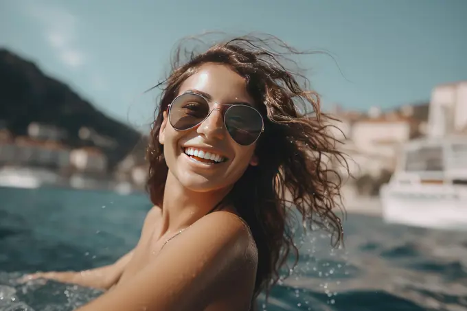 Smiling young girl, sunglasses in water at beach. AI Generative