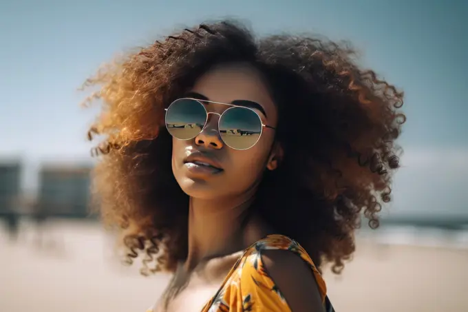 Smiling Afro woman with sunglasses posing on the beach. AI Generative