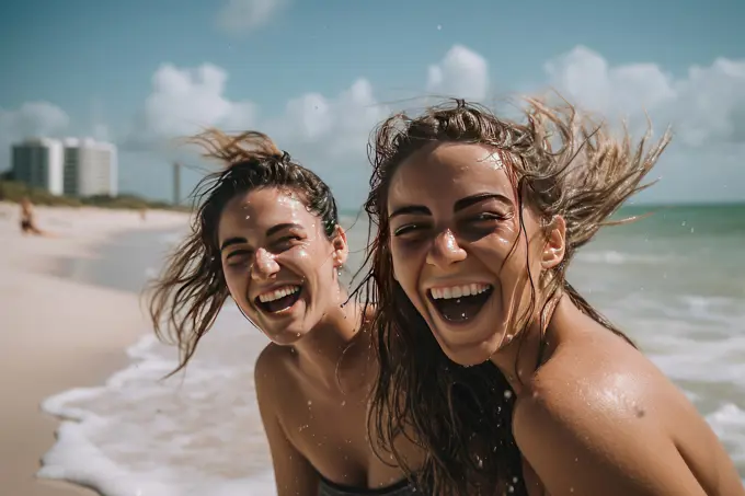 Smiling young women posing on the beach AI Generative