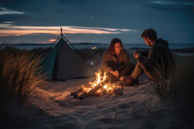 Couple camping on the beach at sunset. AI Generative