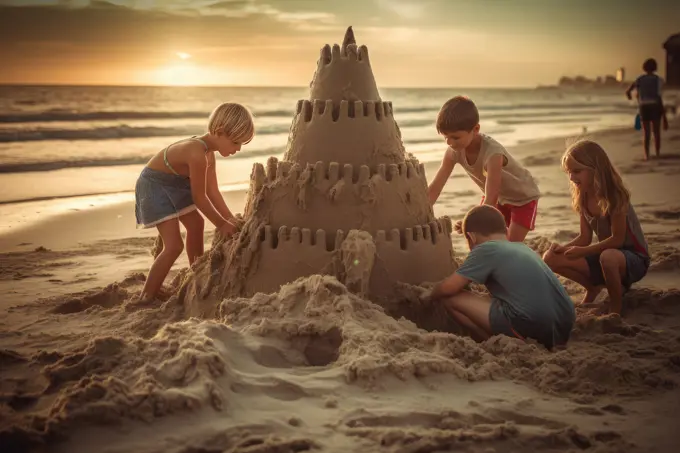 Kids making sand castle on the beach at sunset. AI Generative