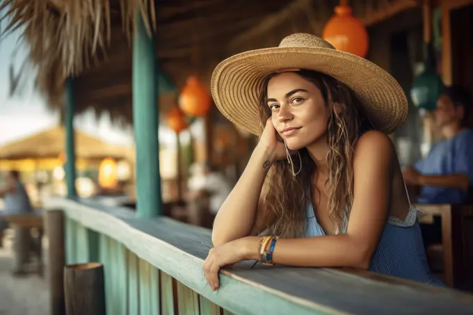 Woman sitting at a beach bar looking at the camera. AI Generative