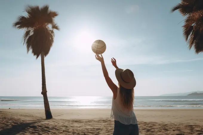 Rear view of girl with hat playing ball on the beach. AI Generative