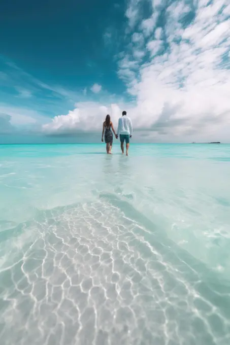 Couple holding hands walking on a tropical beach. AI Generative