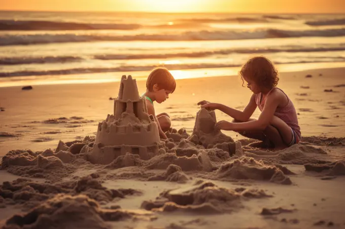 Kids making sand castle on the beach at sunset. AI Generative