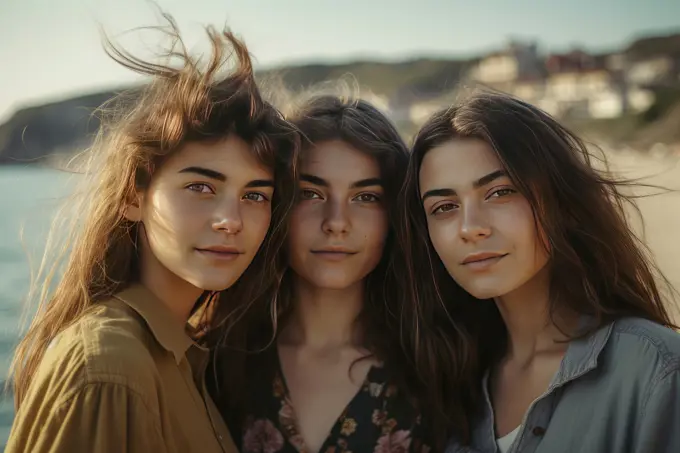 Portrait of three beautiful women at the beach. AI Generative