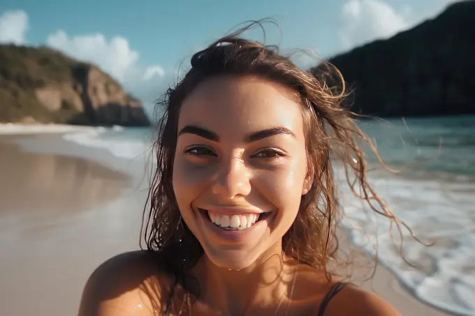 Smiling young girl in the water at the beach. AI Generative