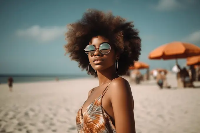 Smiling Afro woman with sunglasses posing on the beach. AI Generative