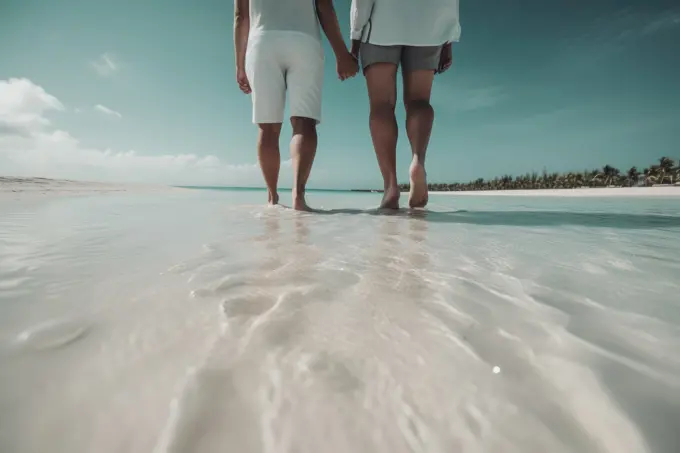 Couple holding hands walking on a tropical beach. AI Generative