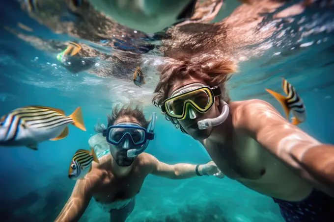 two boys snorkeling surrounded by fishes . AI Generative