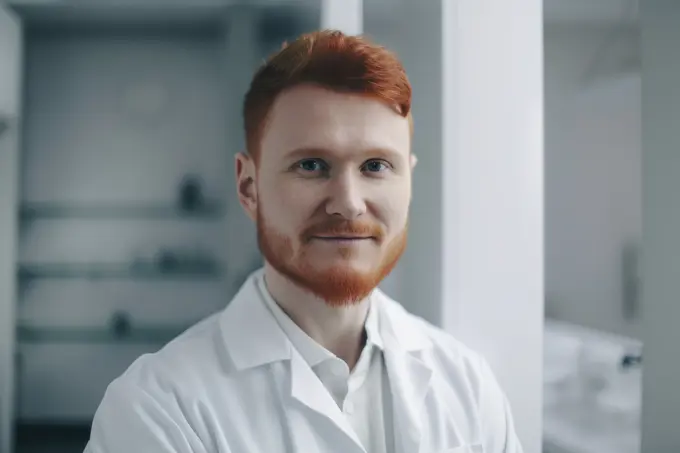 Young redhead male scientific in laboratory. Generative AI.