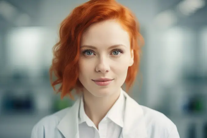 Young redhead female scientific in laboratory. Generative AI.