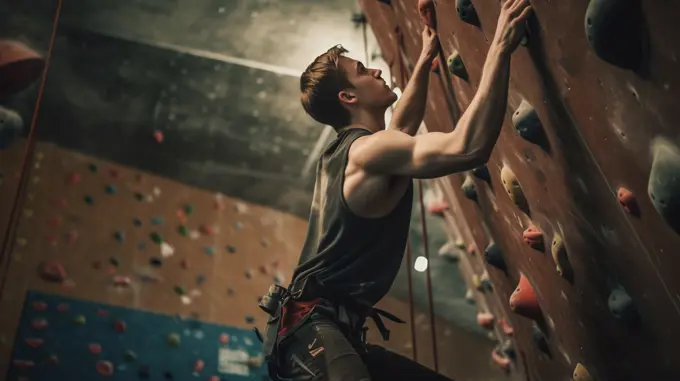 Image Generative AI. Climber man training skills indoor