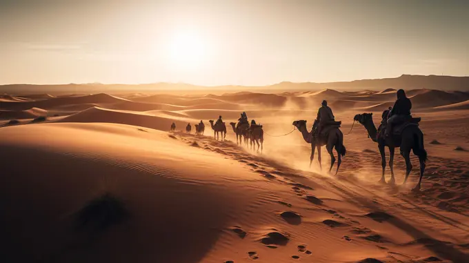 Image Generative AI. Beduins riding camels through the  desert