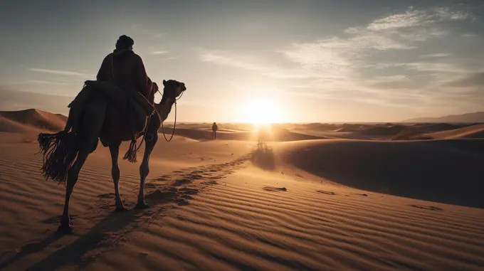 Image Generative AI. Beduins riding camels on desert