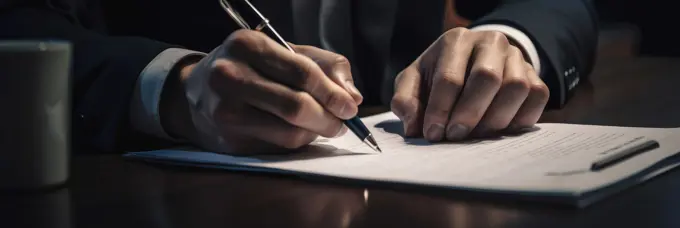 Crop shot of a person with a pen signing documents. Generative AI.