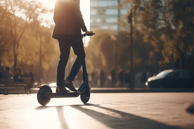 Faceless businessman riding electric scooter in a city. Generative AI.