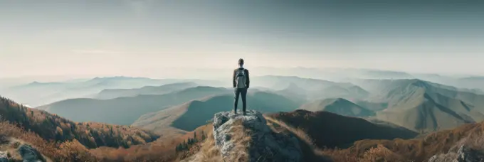 Male hiker on top of the mountain. Generative AI.