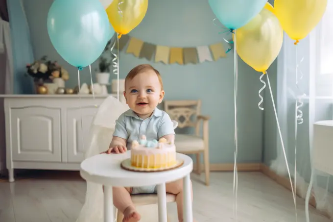 One year old baby in his birthday party. Generative AI.