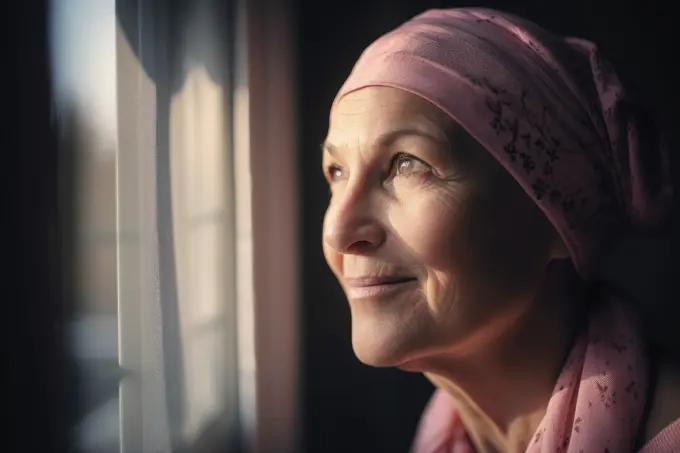 Mature woman with pink headscarf look out the window. Generative AI.