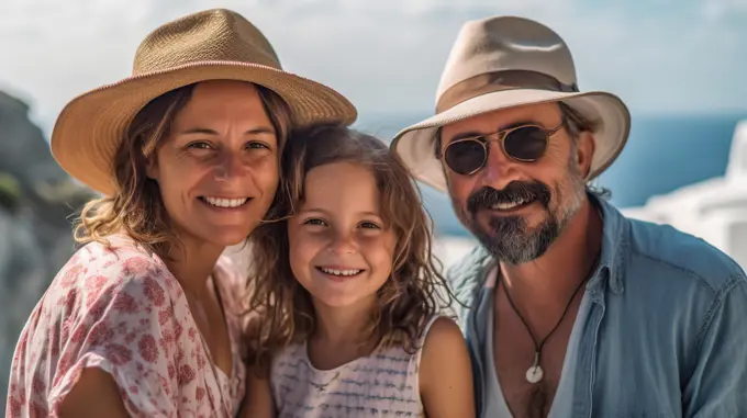 Caucasian couple with their little girl, on vacation. Generative AI