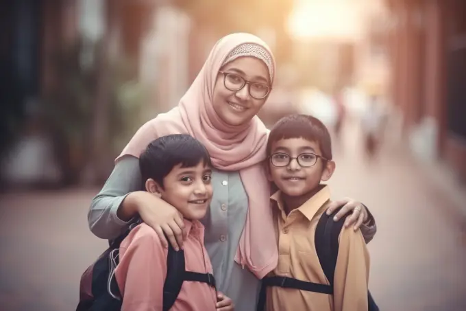 Smiling muslim mother taking her children to school. Generative AI.