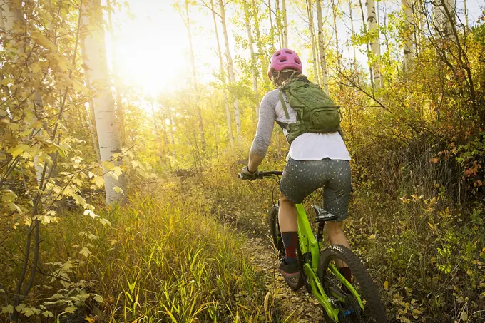 Rear view of woman mountain biking in forest during autumn