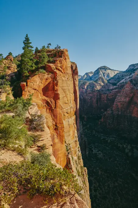 Views of Zion Park mountains from Angel's Landing during summer.