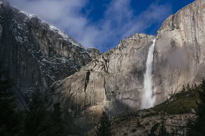 Yosemite Falls seen in winter in Yosemite National Park.