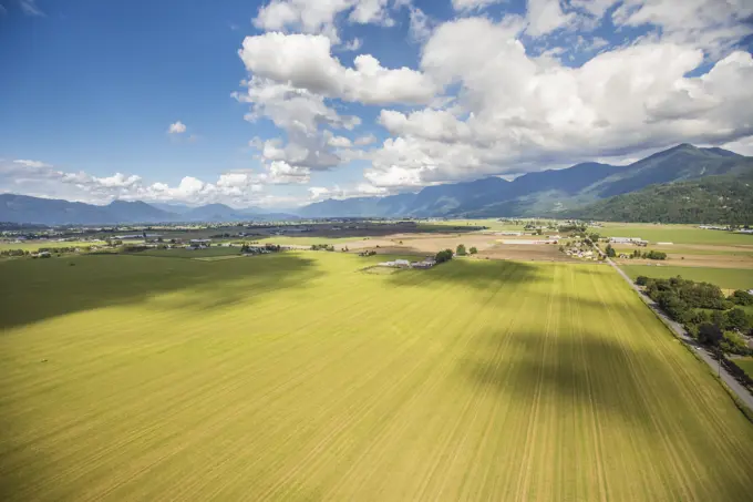 Elevated view of fertile farmland, Fraser Valley, Canada.