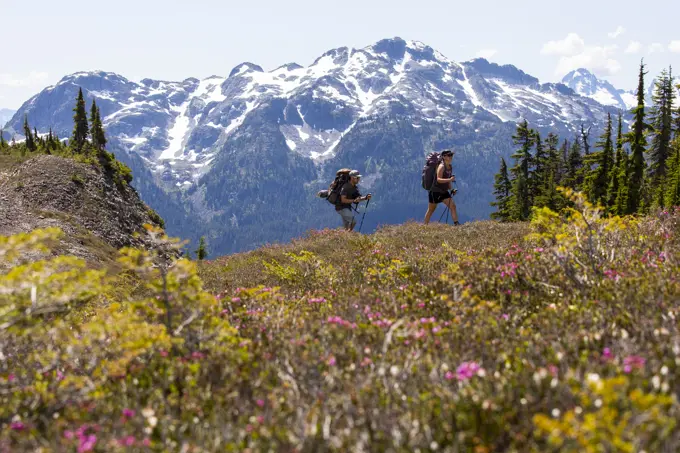 A couple hikes along a trail for a night of camping in the mountains.