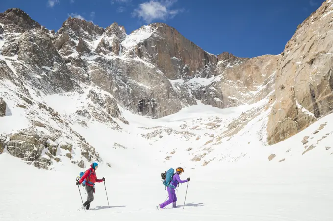 Climbers hike below Longs Peak, Rocky Mountain National Park