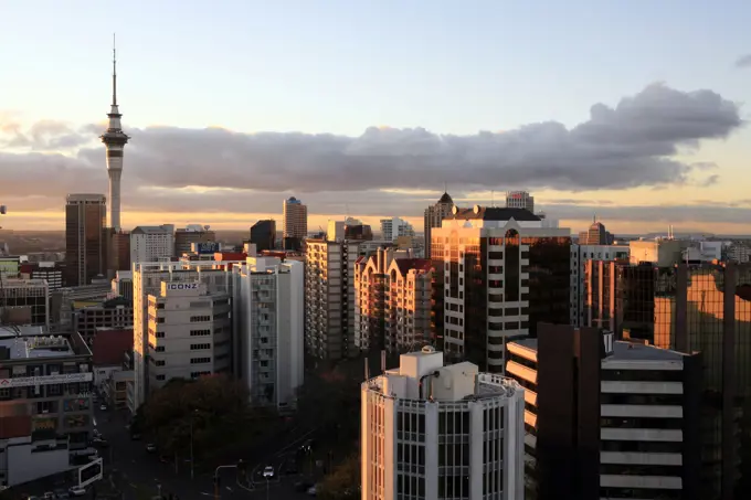 Auckland, New Zealand - a sunset view of the downtown area of the city