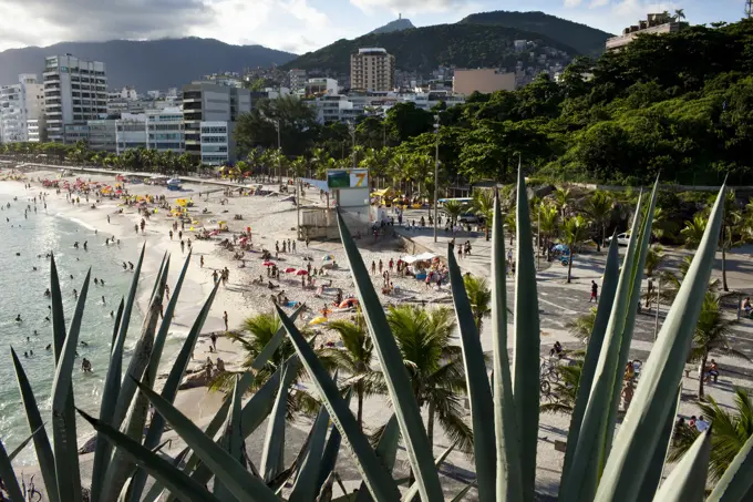 Weekend crowds enjoy Ipanema Beach, Rio de Janeiro, Brazil.