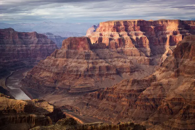 Scenic view of Grand Canyon and Colorado river on a cloudy day