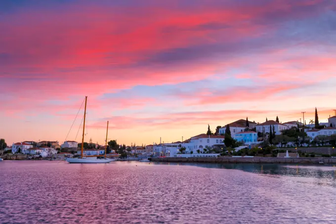 Yacht in the harbour of Spetses village, Greece.