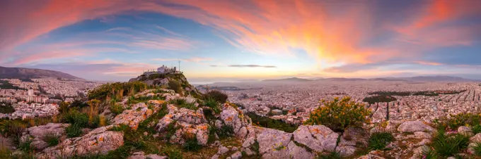 View of Athens from Lycabettus hill at sunset, Greece.