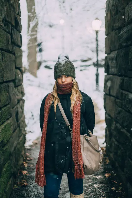 Woman in the snow in New York City