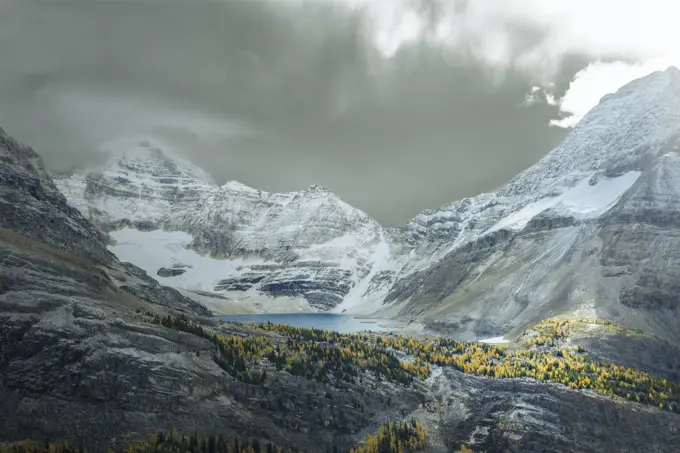 Lake McArthur with larch forest covered with snow