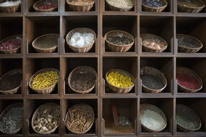 Spices for sale at a traditional souk in Old Town Dubai