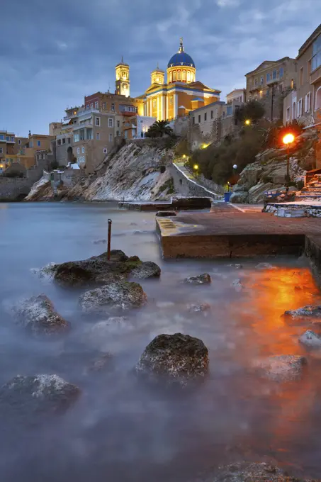 Town beach in Ermoupoli on Syros island in Greece.