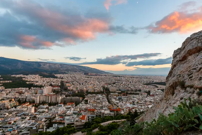 View of Athens from Lycabettus hill at sunset, Greece.