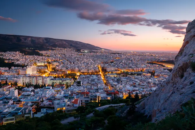 View of Athens from Lycabettus hill at sunset, Greece.