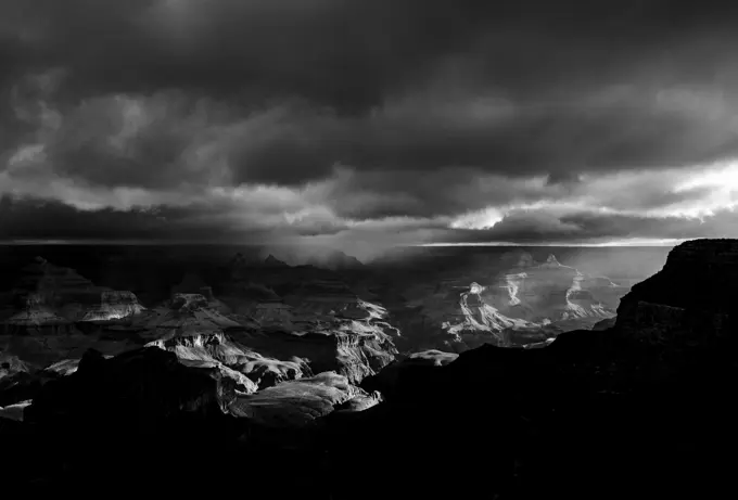 Black and white image of storm over Grand Canyon, Arizona