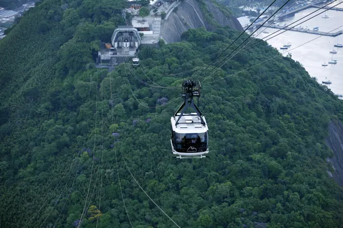 Cable cars at the Pao Asucar or Sugar loaf mountain, Rio de Janeiro, Brazil.