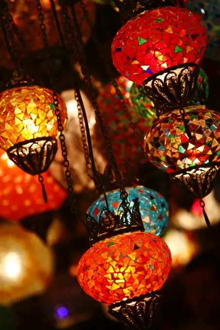 Brightly decorated lanterns in the grand bazaar. Istanbul, Turkey.