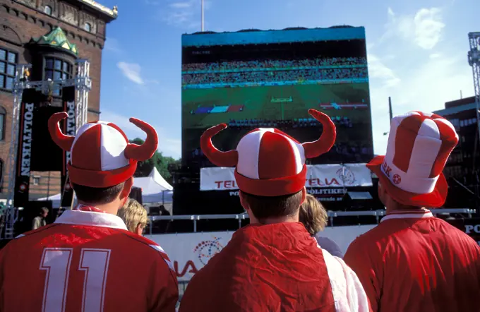 Denmark Copenhagen Danish football fans known as Rolligans watching an international game shown at the city hall