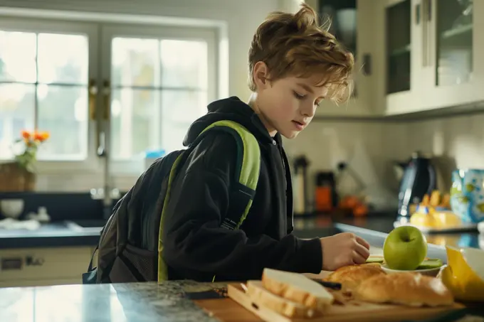 Boy eating breakfast for school