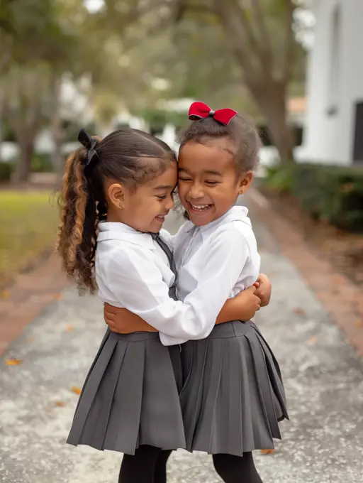 Two African American girls in school uniforms hugging and smiling