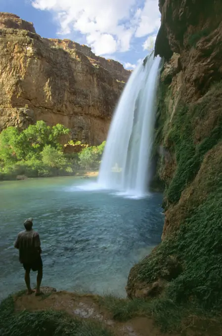 Man looking at Havasu Water Fall in Grand Canyon, AZ.